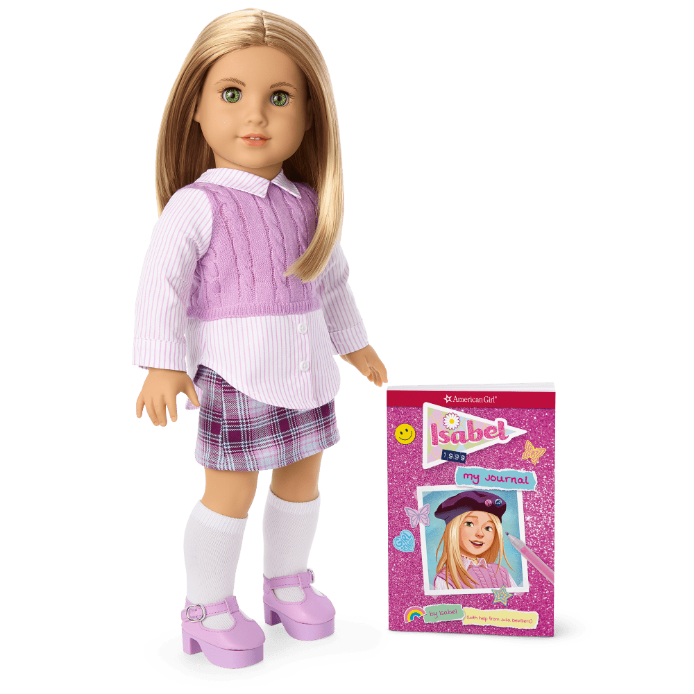 A doll with blonde hair and a book

Description automatically generated