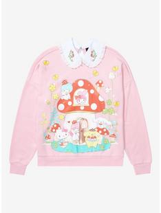 A pink sweater with cartoon characters on it

Description automatically generated