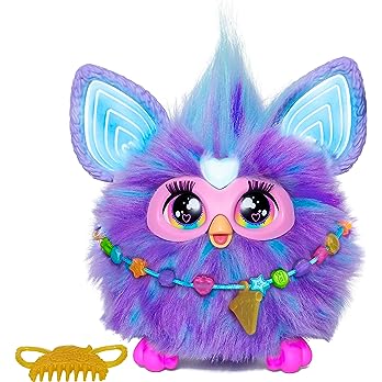 A purple and blue furry toy

Description automatically generated