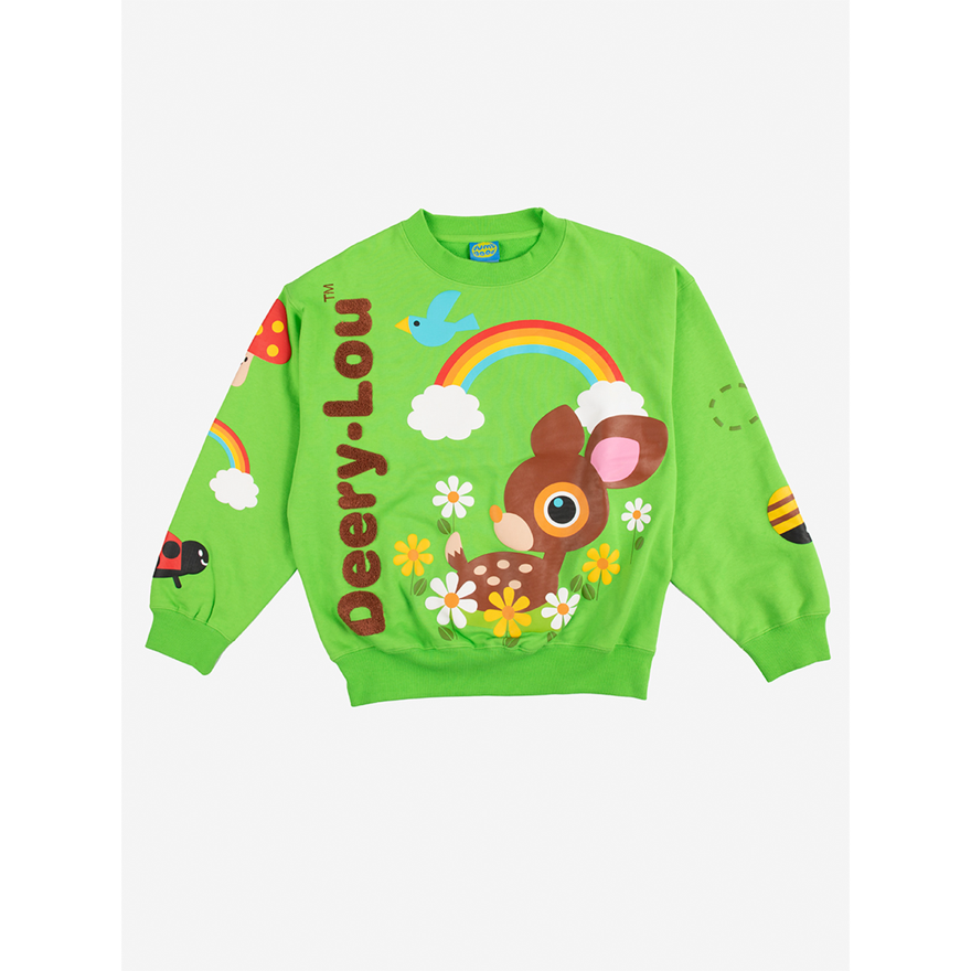 A green sweater with a cartoon animal and rainbow

Description automatically generated